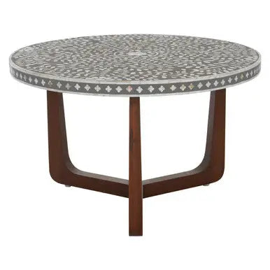 Black and White Mother of Pearl Design Top Round Coffee Table with Wood Base, Fusion
