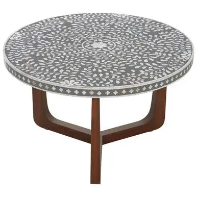 Black and White Mother of Pearl Design Top Round Coffee Table with Wood Base, Fusion