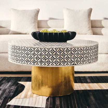Black and White Round Geometric Bone Inlay Coffee Table with Gold Finish Base, Fusion