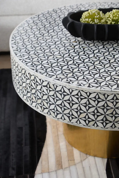 Black and White Round Geometric Bone Inlay Coffee Table with Gold Finish Base, Fusion