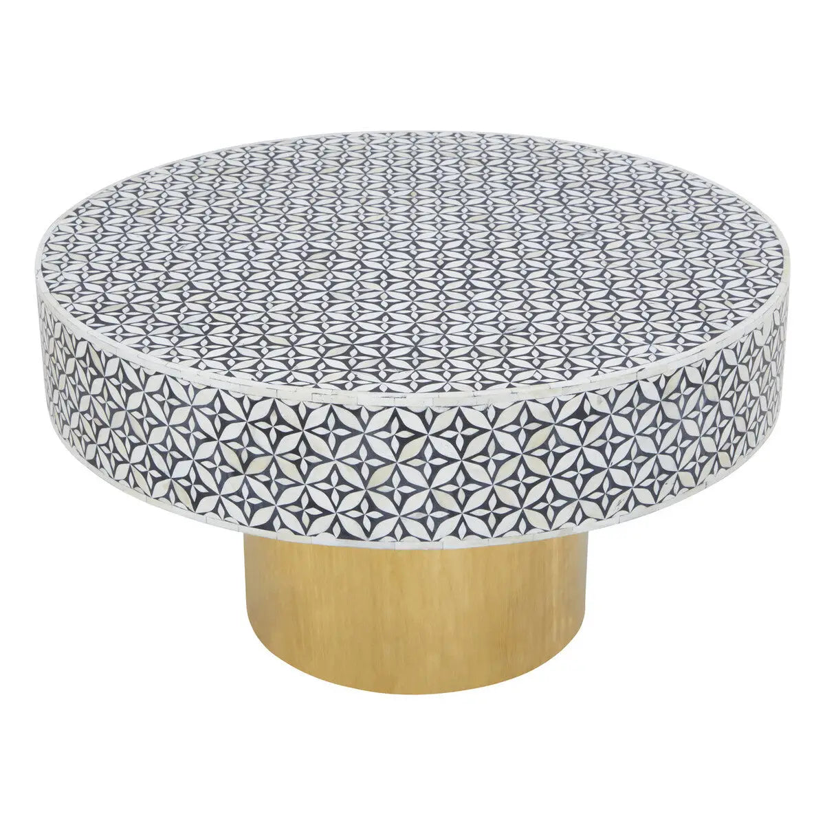 Black and White Round Geometric Bone Inlay Coffee Table with Gold Finish Base, Fusion