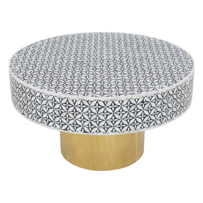 Black and White Round Geometric Bone Inlay Coffee Table with Gold Finish Base, Fusion