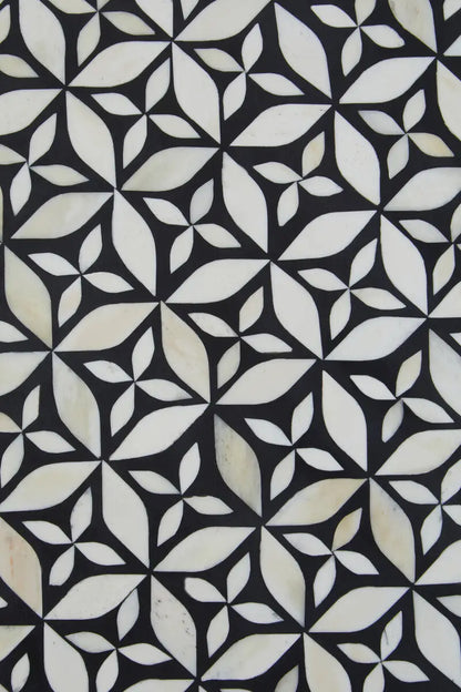 Black and White Round Geometric Bone Inlay Coffee Table with Gold Finish Base, Fusion