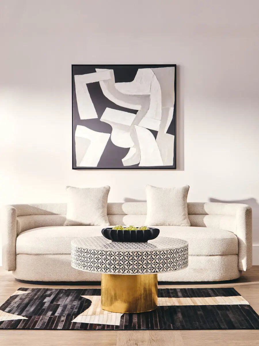 Black and White Round Geometric Bone Inlay Coffee Table with Gold Finish Base, Fusion