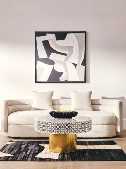 Black and White Round Geometric Bone Inlay Coffee Table with Gold Finish Base, Fusion