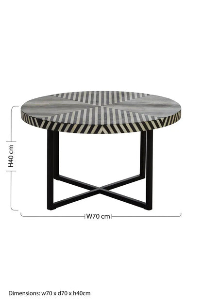 Black and White Top Bone Inlay Coffee Table with Black Metal Legs, Boho