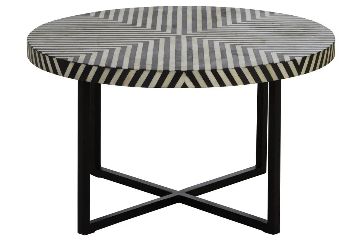 Black and White Top Bone Inlay Coffee Table with Black Metal Legs, Boho