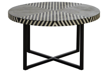 Black and White Top Bone Inlay Coffee Table with Black Metal Legs, Boho