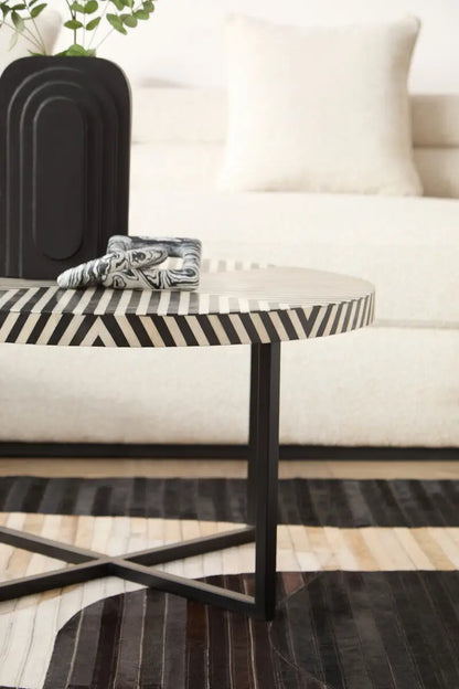 Black and White Top Bone Inlay Coffee Table with Black Metal Legs, Boho