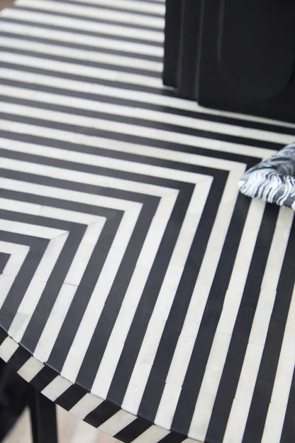 Black and White Top Bone Inlay Coffee Table with Black Metal Legs, Boho