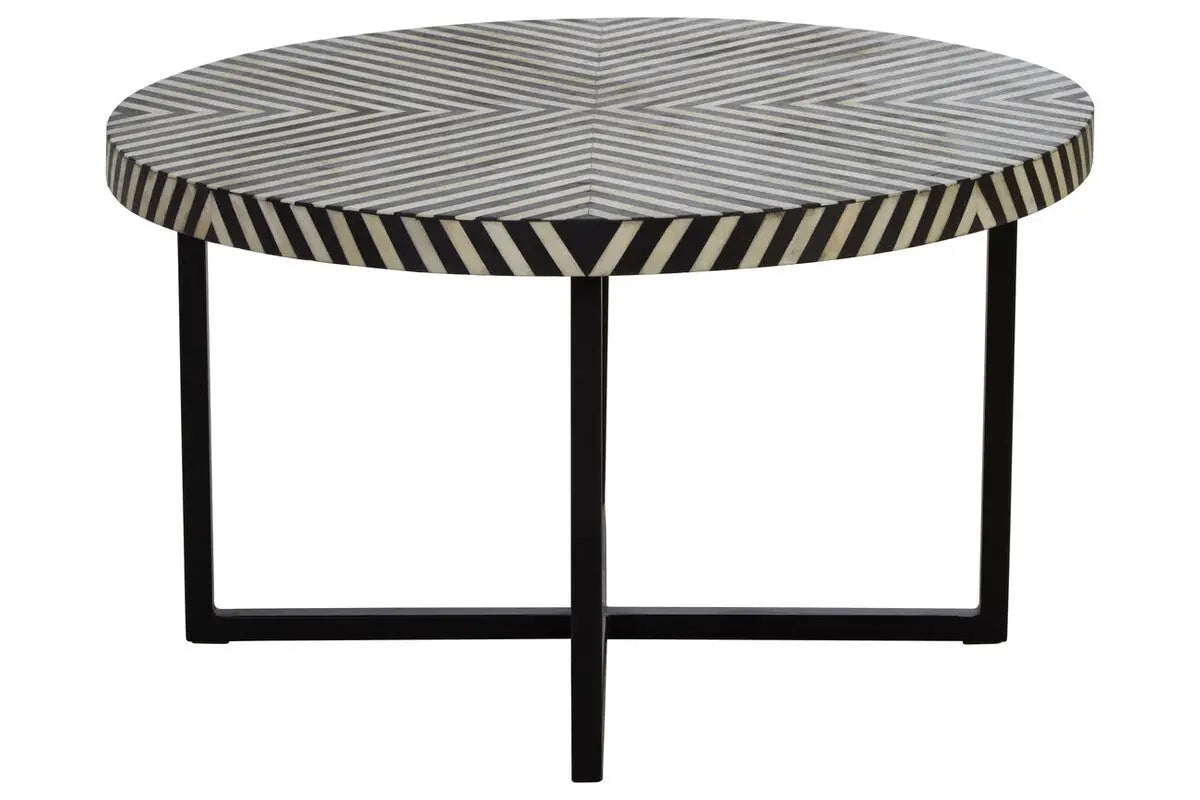 Black and White Top Bone Inlay Coffee Table with Black Metal Legs, Boho