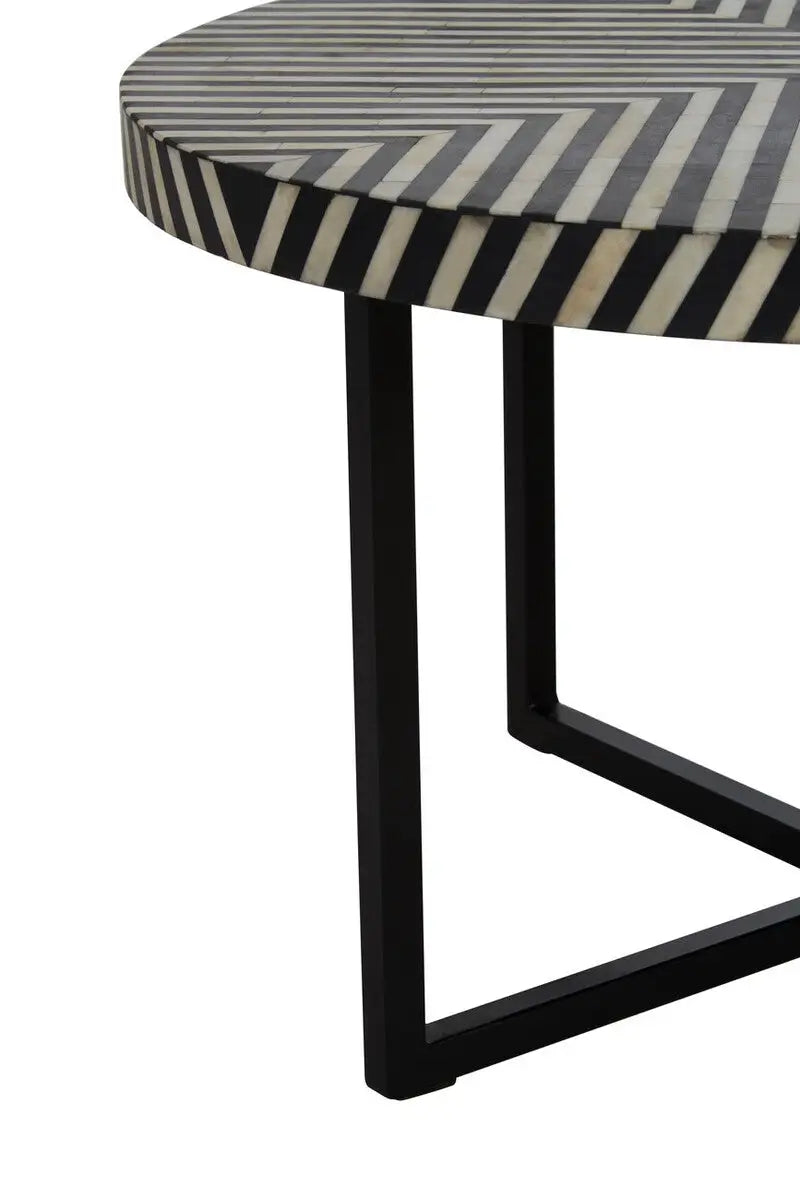 Black and White Top Bone Inlay Coffee Table with Black Metal Legs, Boho