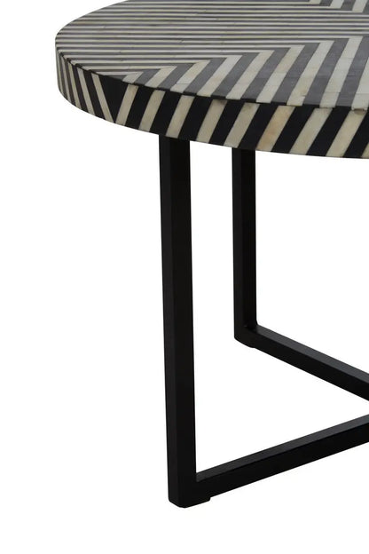 Black and White Top Bone Inlay Coffee Table with Black Metal Legs, Boho