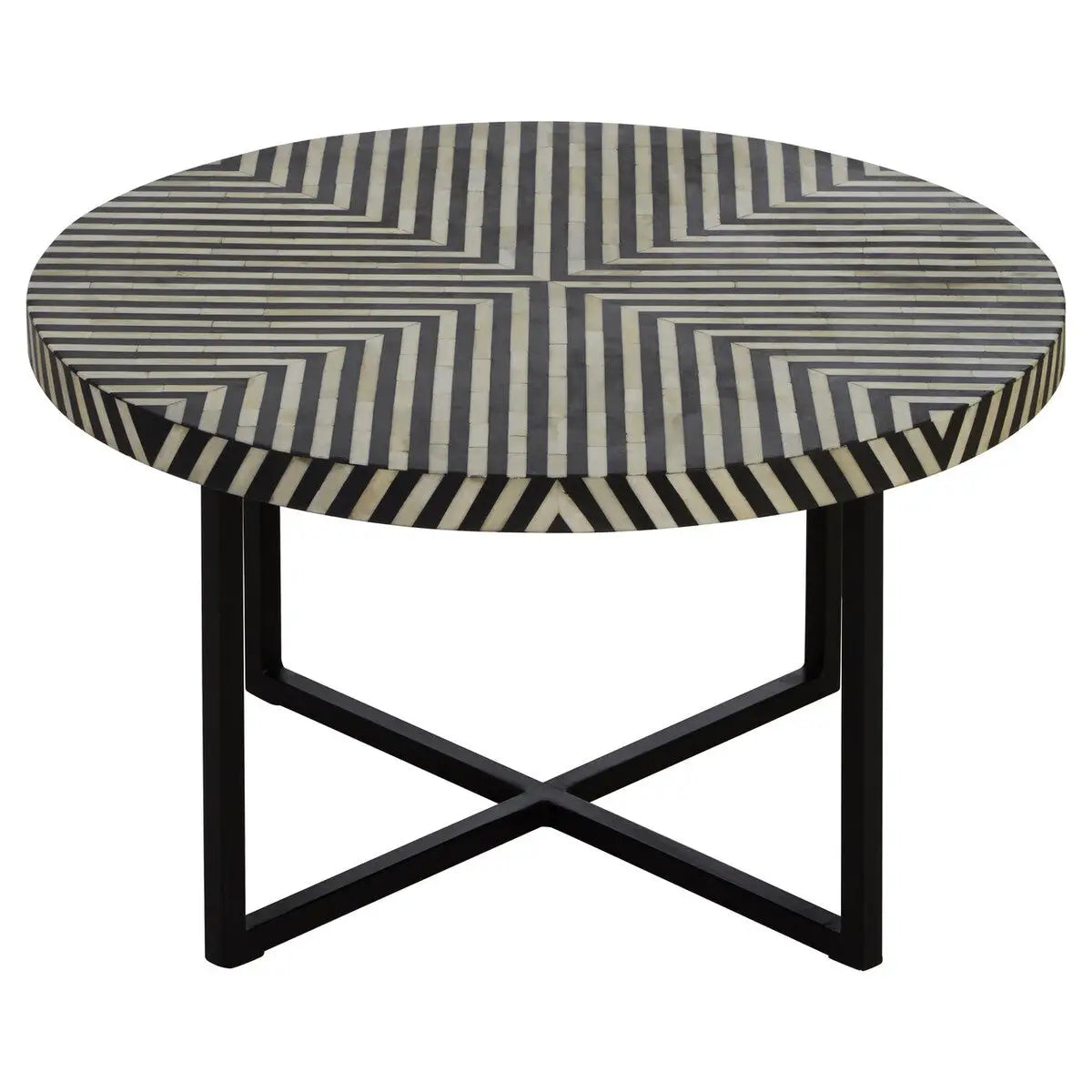 Black and White Top Bone Inlay Coffee Table with Black Metal Legs, Boho
