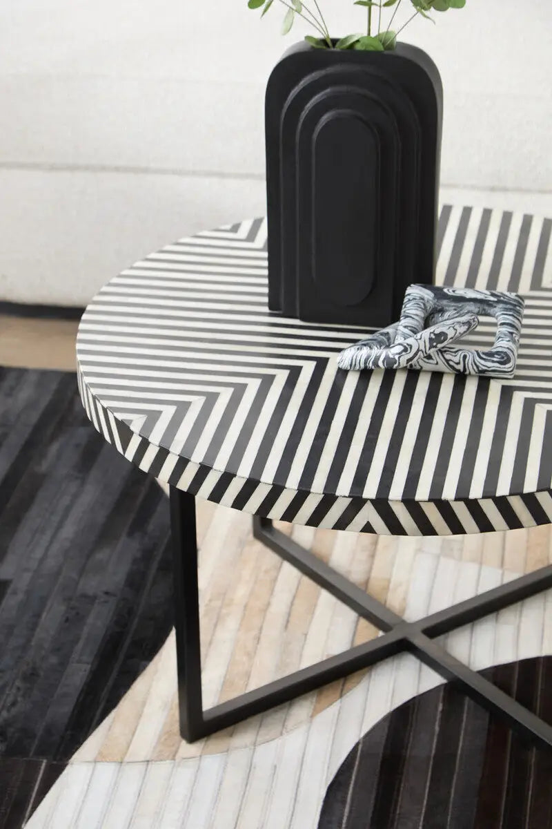 Black and White Top Bone Inlay Coffee Table with Black Metal Legs, Boho