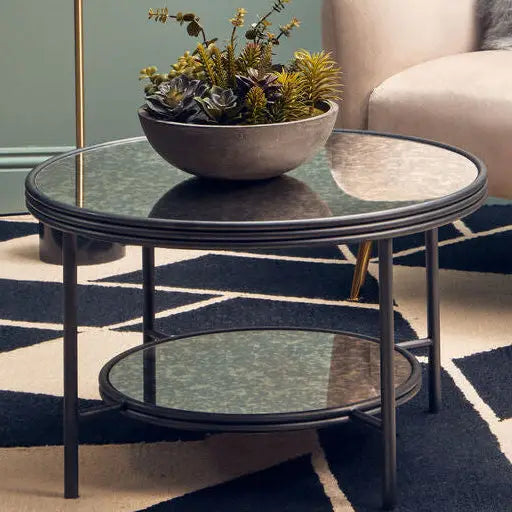 Black Antique Mirror 2 Tier Round Coffee Table, Xania