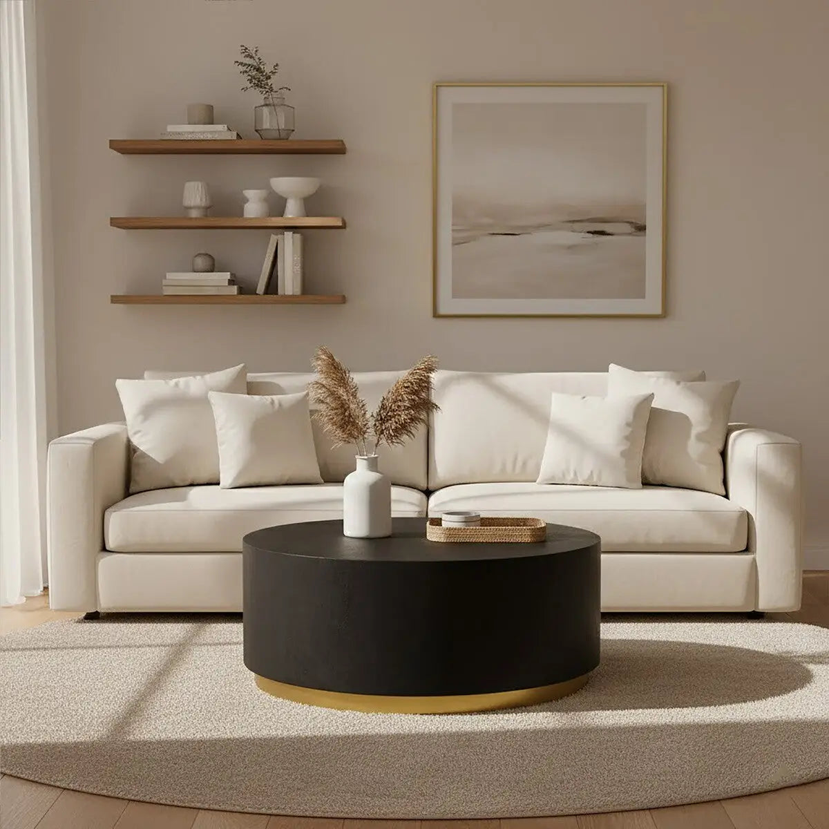 Black Concrete Effect Wood Coffee Table with Luxe Gold Metal Frame, Naro