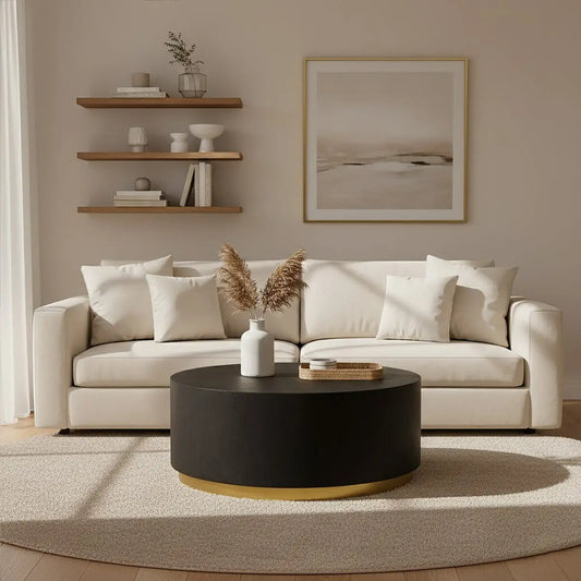 Black Concrete Effect Wood Coffee Table with Luxe Gold Metal Frame, Naro