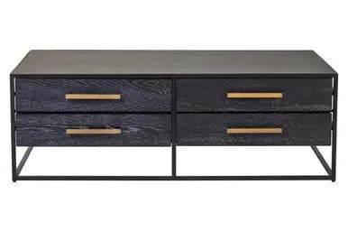 Black Finish 4-Drawer Coffee Table with Metallic Handles and Iron Frame, Judd