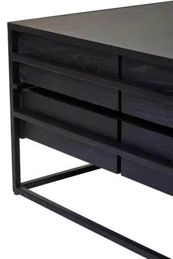 Black Finish 4-Drawer Coffee Table with Metallic Handles and Iron Frame, Judd