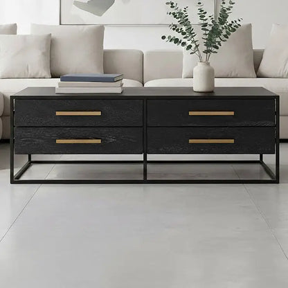 Black Finish 4-Drawer Coffee Table with Metallic Handles and Iron Frame, Judd