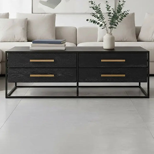 Black Finish 4-Drawer Coffee Table with Metallic Handles and Iron Frame, Judd