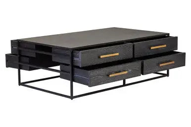 Black Finish 4-Drawer Coffee Table with Metallic Handles and Iron Frame, Judd