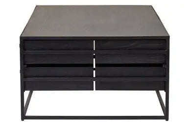 Black Finish 4-Drawer Coffee Table with Metallic Handles and Iron Frame, Judd