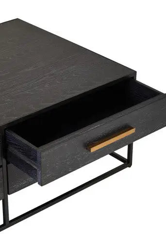 Black Finish 4-Drawer Coffee Table with Metallic Handles and Iron Frame, Judd