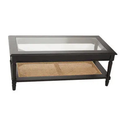 Black Finish Clear Glass Top Coffee Table with Natural Rattan Woven Shelf, Corso