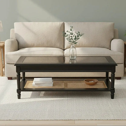 Black Finish Clear Glass Top Coffee Table with Natural Rattan Woven Shelf, Corso