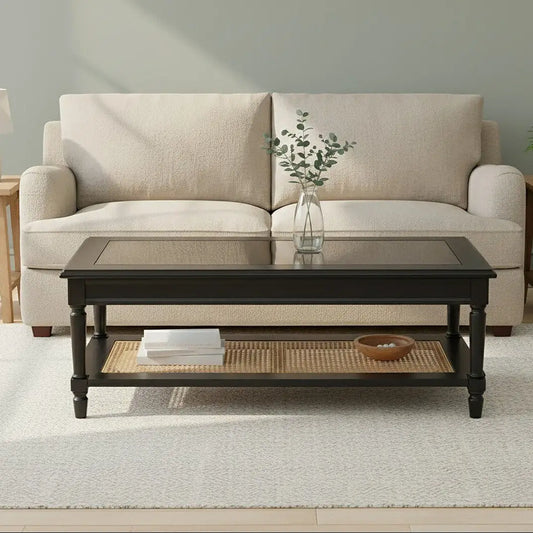 Black Finish Clear Glass Top Coffee Table with Natural Rattan Woven Shelf, Corso