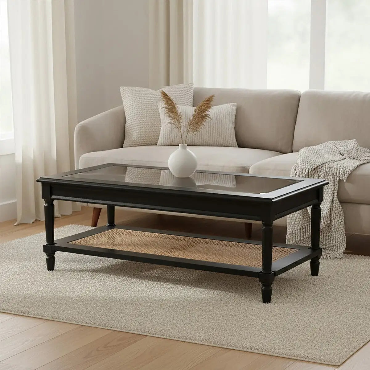 Black Finish Clear Glass Top Coffee Table with Natural Rattan Woven Shelf, Corso