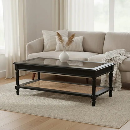 Black Finish Clear Glass Top Coffee Table with Natural Rattan Woven Shelf, Corso