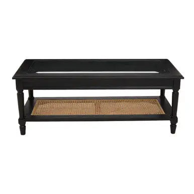 Black Finish Clear Glass Top Coffee Table with Natural Rattan Woven Shelf, Corso