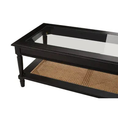 Black Finish Clear Glass Top Coffee Table with Natural Rattan Woven Shelf, Corso