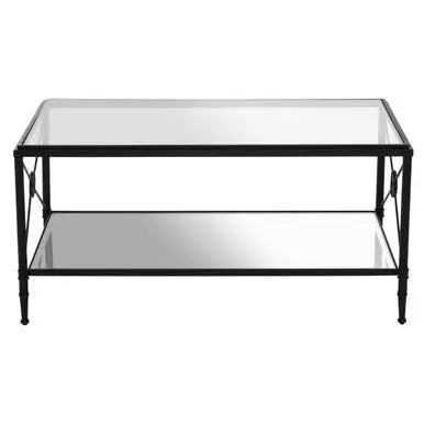 Black Finish Metal Frame Coffee Table with Two-Tier Glass Shelves and X-Shaped Sides Design, Axis