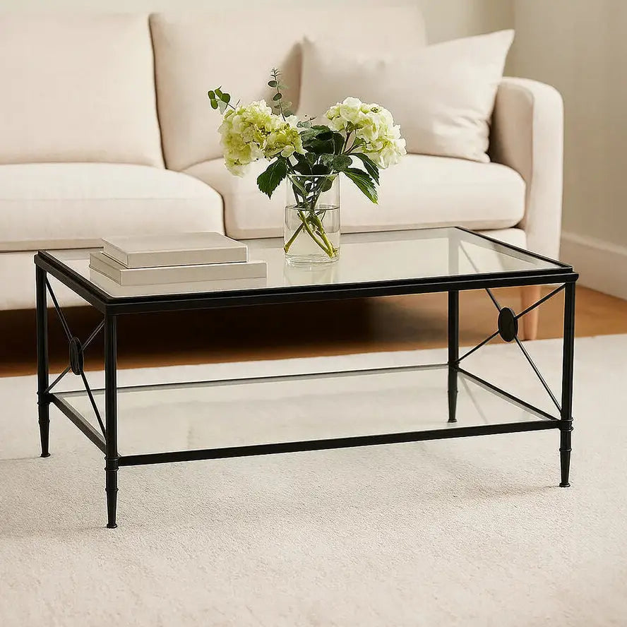 Black Finish Metal Frame Coffee Table with Two-Tier Glass Shelves and X-Shaped Sides Design, Axis