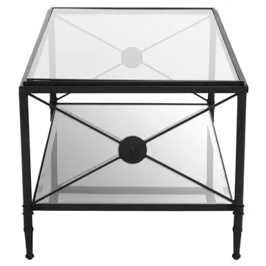 Black Finish Metal Frame Coffee Table with Two-Tier Glass Shelves and X-Shaped Sides Design, Axis