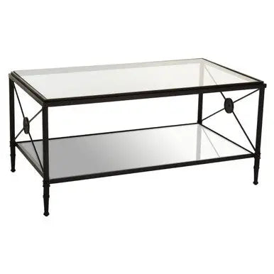 Black Finish Metal Frame Coffee Table with Two-Tier Glass Shelves and X-Shaped Sides Design, Axis