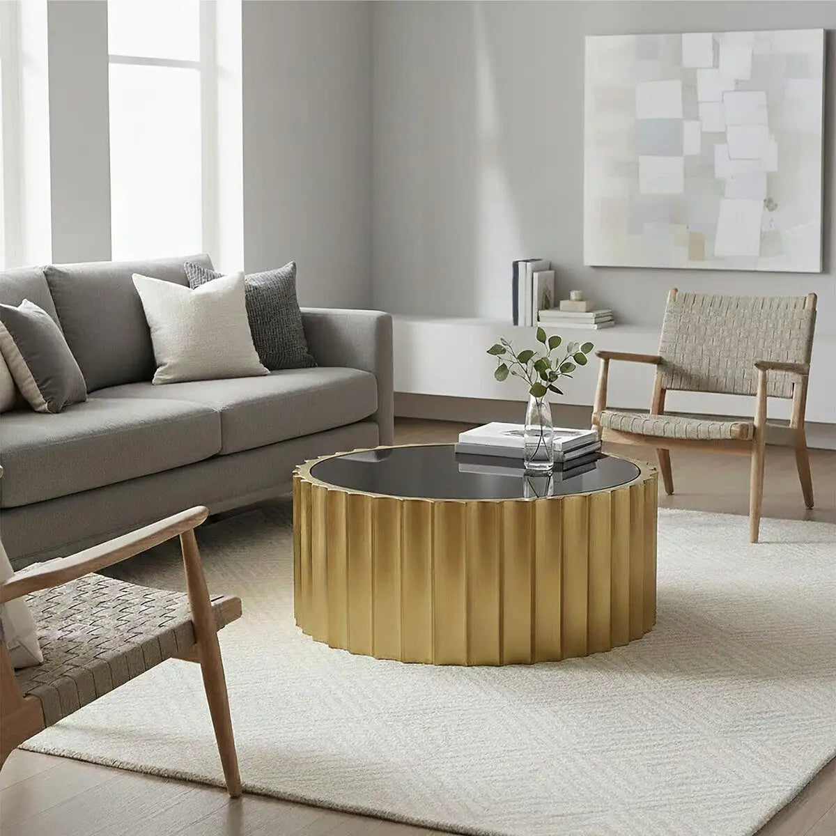 Black Glass Top and Titanium Base Round Coffee Table, Alvaro
