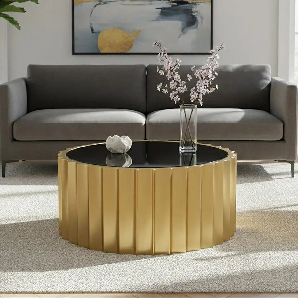 Black Glass Top and Titanium Base Round Coffee Table, Alvaro