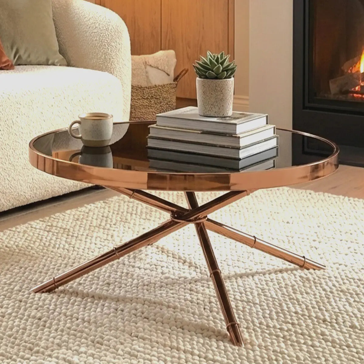 Black Glass Top Round Coffee Table with Rose Gold Iron Legs Ring Detail, Alvaro