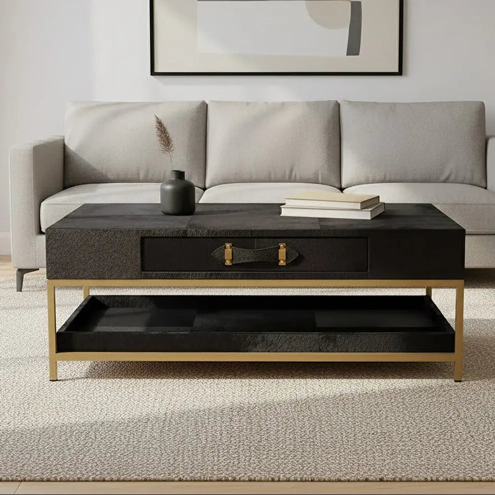Black Hair-On-Hide Leather Coffee Table with Gold Metal Frame and Storage Drawer, Kensington Townhouse
