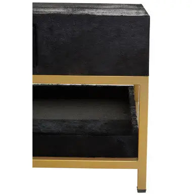 Black Hair-On-Hide Leather Coffee Table with Gold Metal Frame and Storage Drawer, Kensington Townhouse