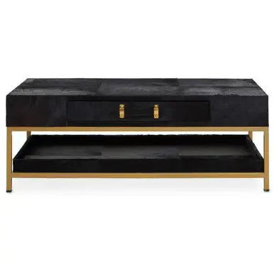 Black Hair-On-Hide Leather Coffee Table with Gold Metal Frame and Storage Drawer, Kensington Townhouse