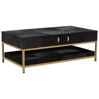 Black Hair-On-Hide Leather Coffee Table with Gold Metal Frame and Storage Drawer, Kensington Townhouse