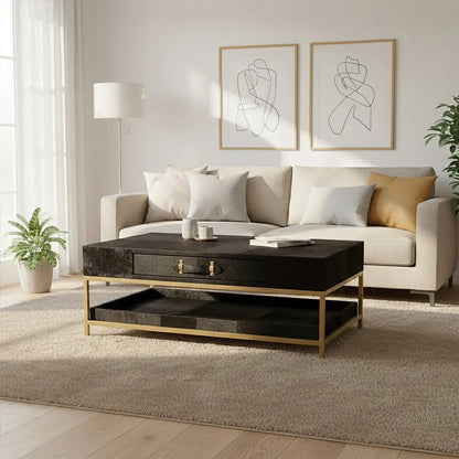 Black Hair-On-Hide Leather Coffee Table with Gold Metal Frame and Storage Drawer | Kensington Townhouse