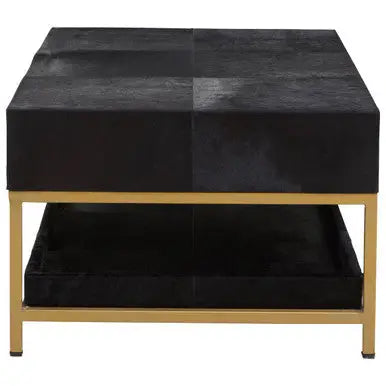 Black Hair-On-Hide Leather Coffee Table with Gold Metal Frame and Storage Drawer, Kensington Townhouse