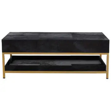 Black Hair-On-Hide Leather Coffee Table with Gold Metal Frame and Storage Drawer, Kensington Townhouse